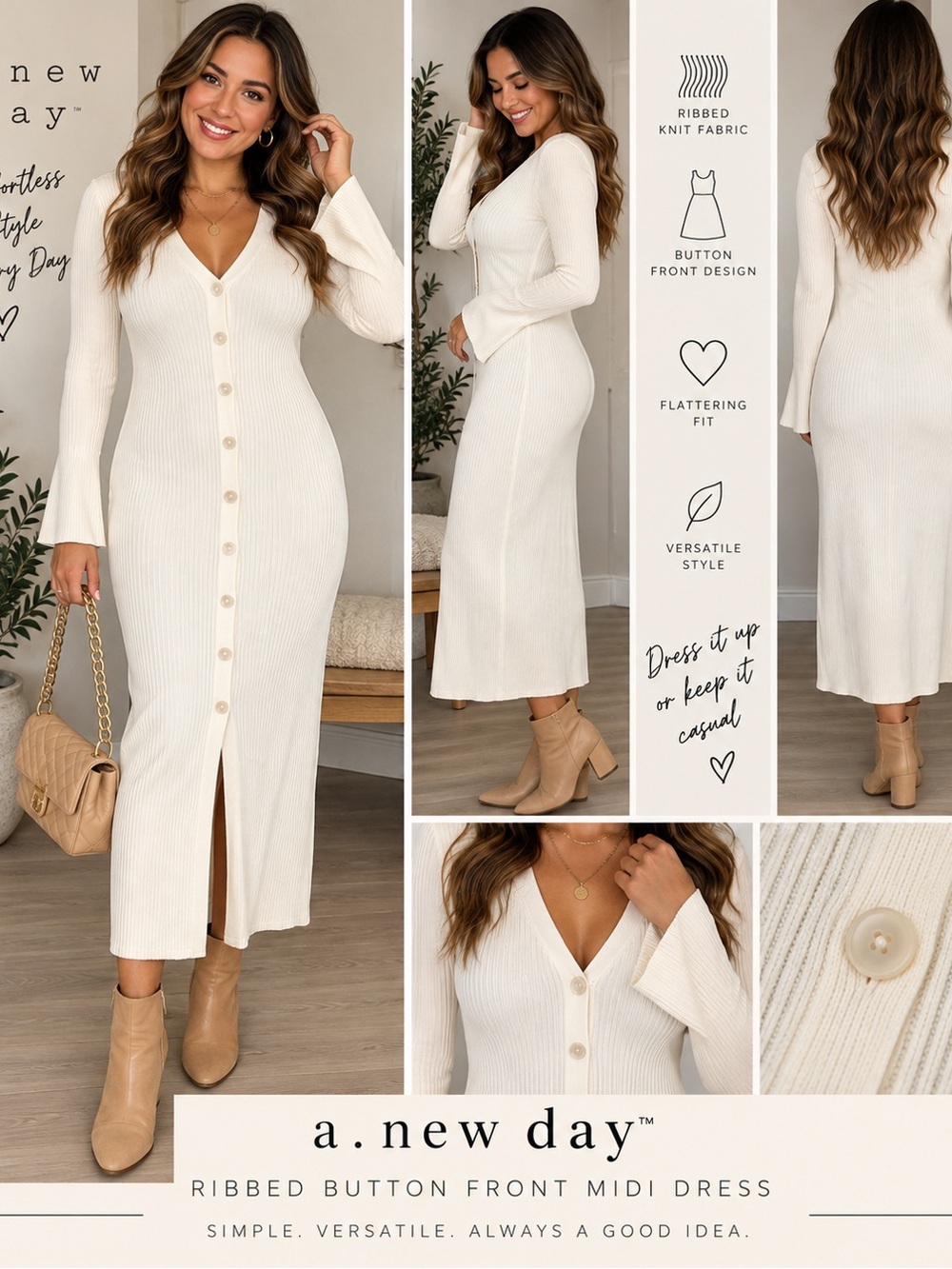 a new day Cream Ribbed Button-Front Midi Dress